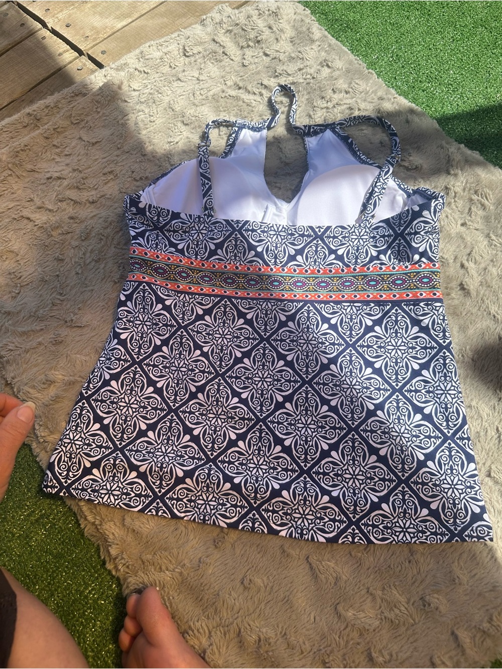 La Blanca Navy and White Tile-Print Swim Tankini with Multicolor Waist Band - Picture 6 of 7
